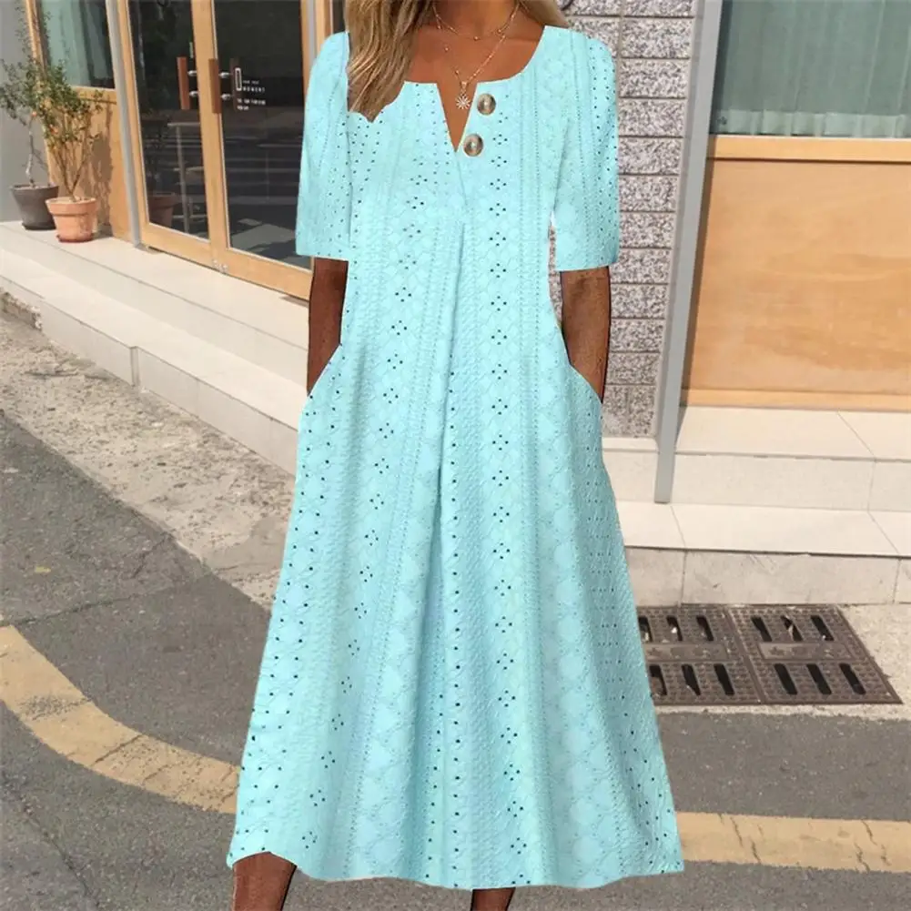 

Solid Color A-line Dress Stylish Women's V-neck Midi Dress with Half Sleeves Buttoned Neckline Waist Tie A-line Silhouette