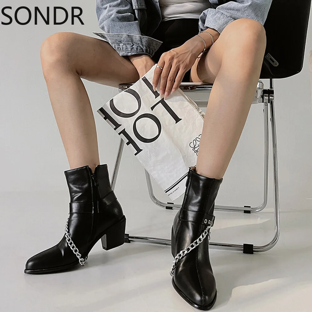 

Womens Pointed Toe Metal Chain Ankle Boots Chunky High Heel Retro Belt Buckle Wingtips Combat Punk Shoes Plus Big Size 46 47 48
