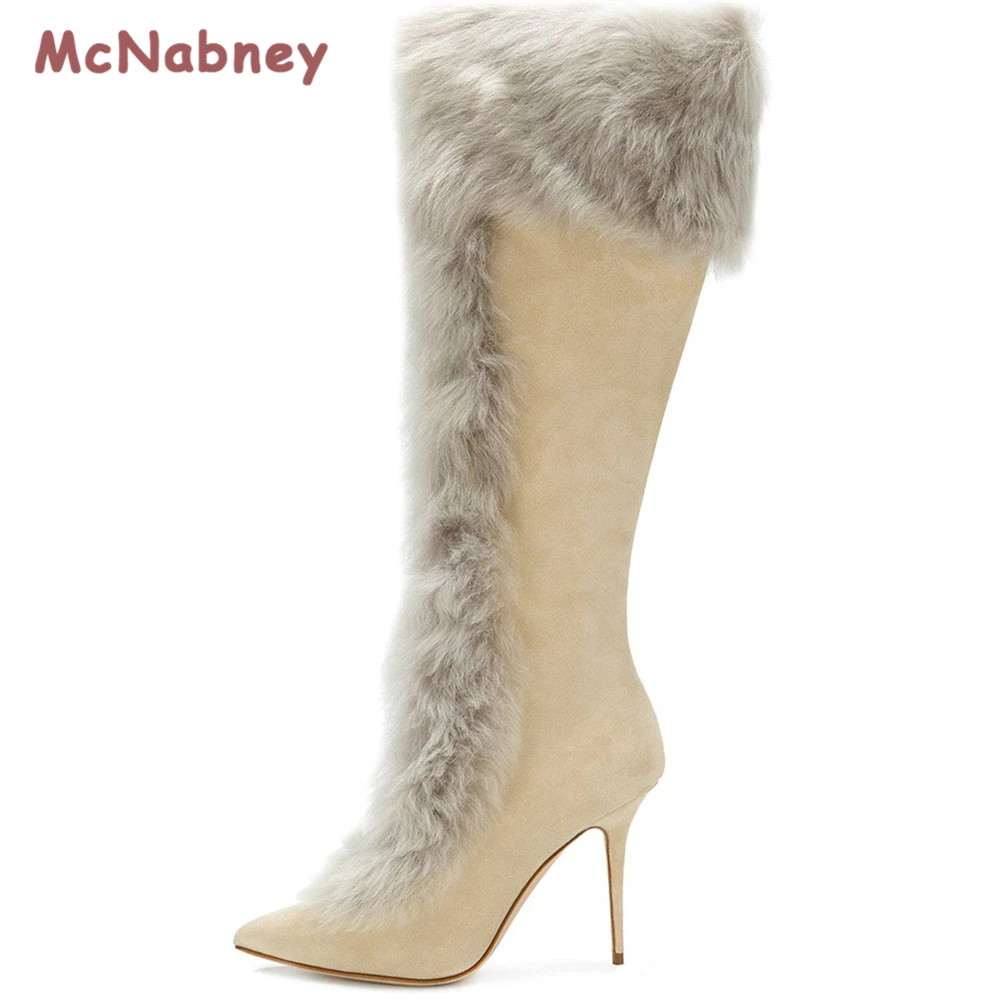 Women's Winter Fluffy Rabbit Fur Boots Woman Plush Warm Snow Boots Luxury Pointed Toe Knee High Boots Fashion Winter Shoes