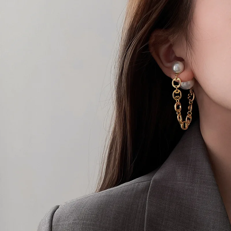 

CARLIDANA New Arrival Luxury Fashion Punk Chain Earrings Imitation Pearl Charm Earrings Jewelry for Women Party Wedding Gift