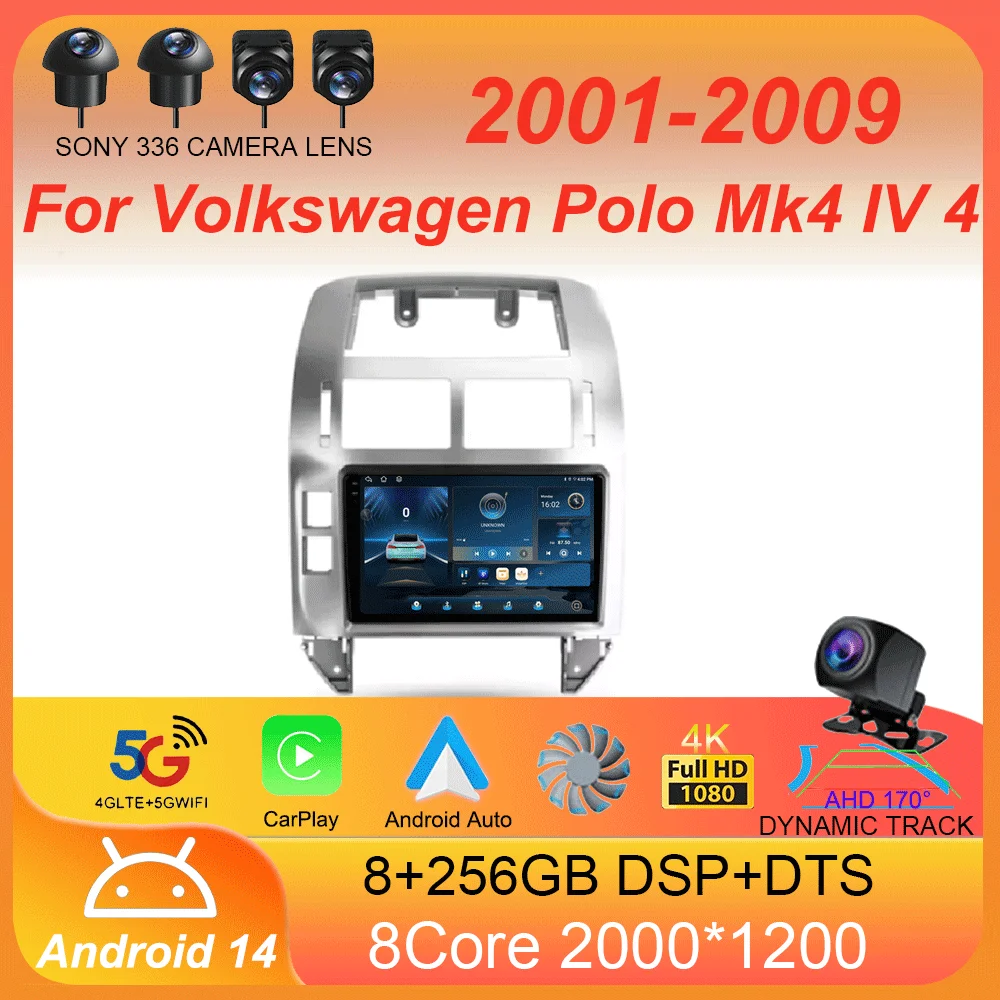 Android 14 для Volkswagen Polo Mk4 IV 4 2001-2009 Автомобильный радиоприемник Видеоплеер Навигация