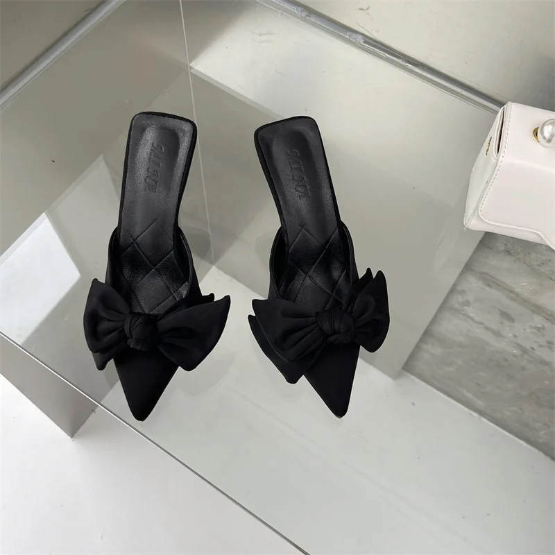 Autumn Big Butterfly-knot Women Slippers Sandals Shallow Pointed Toe Mules Stripper High Heel Pumps Ladies Shoes
