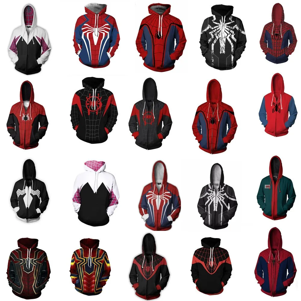 

Marvel Movie Spider-Man 3D Printing Long Sleeve Cardigan Sweater New Era Black Spider Zipper Hooded Jacket Top Cosplay Costume