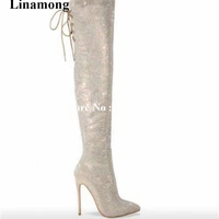 luxurious women sexy party over the knee long boots pointed glittering bling and thigh lace up long boots sequined bling boots