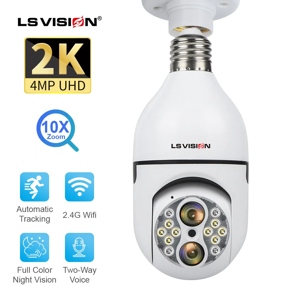 

LS VISION 2K 4MP E27 Bulb Security Camera Outdoor Wireless WiFi IP Camera Home 360° Motion Detection, Auto Tracking Color Night