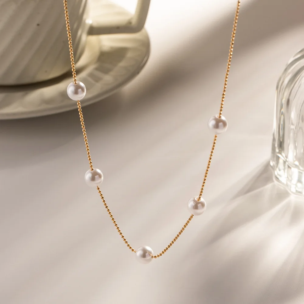 

Simple Temperament Pearl Bead Chain Stainless Steel 18k Gold Color Necklace Women Romantic Exquisite Valentine's Day Jewelry