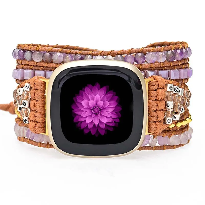 Natural Amethyst Gemstone Strap For Fitbit Versa 4 3 2 1 Band Bohemian Beads Rope Wristband For Fitbit Versa Lite/Fitbit Sense 2