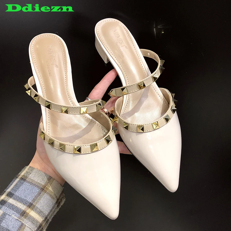 

Women Pumps 2023 New In Rivet Female Shoes Slippers High Heels Mules Fashion Ladies Sandals Slides Pointed Toe Outside Footwear