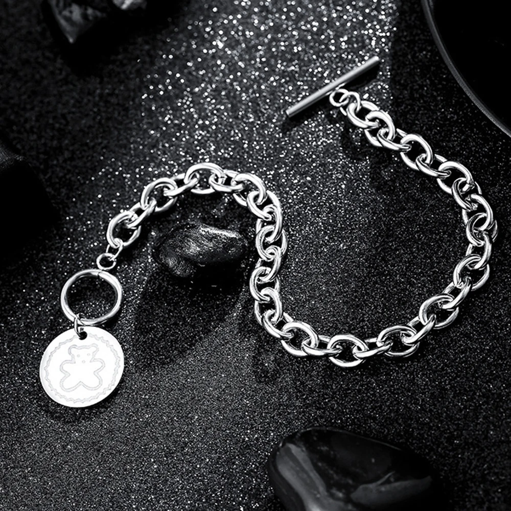 

NUOBING Thick Chain Stainless Steel Round Bear Silver Bracelet Men's Charm Jewelry Fashion Gothic Jewelry Gift