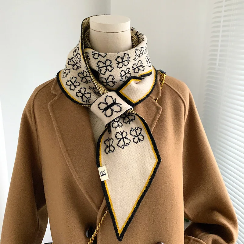 

Luxury Brand Knitted Scarf for Women Warm Cashmere Neckerchief Foulard Ladies Neck Tie Small Skinny Scarves Bandana Echarpe 2022