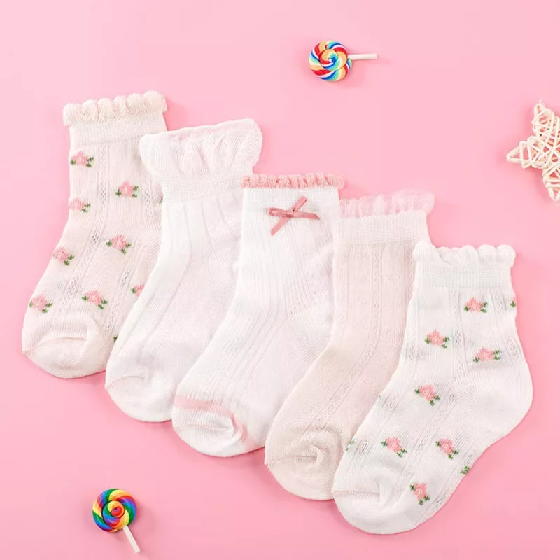 Socks 5 Pairs/Lot Spring Summer Cotton Girls Socks Cute Flowers Pattern For Children Baby