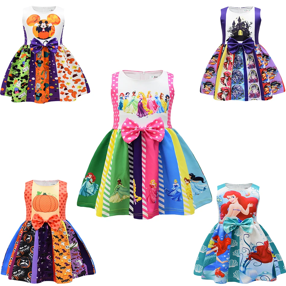 

New Disney Mickey Mouse Cosplay Costumes Girls Mermaid Princess Dresses Girl Black Castle Skull Bow Dress Halloween Party Skirts