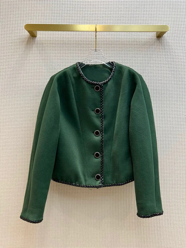 

Женское твидовое пальто, зеленое элегантное приталенное пальто из высококачественной искусственной кожи с круглым вырезом и длинным рукав...