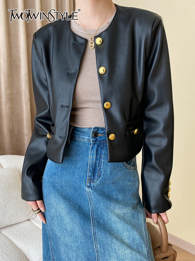 

TWOTWINSTYLE Solid Spliced Single Breasted Coats For Women Round Neck Long Sleeve PU Leather Design Coat Female Fashion 2023 New