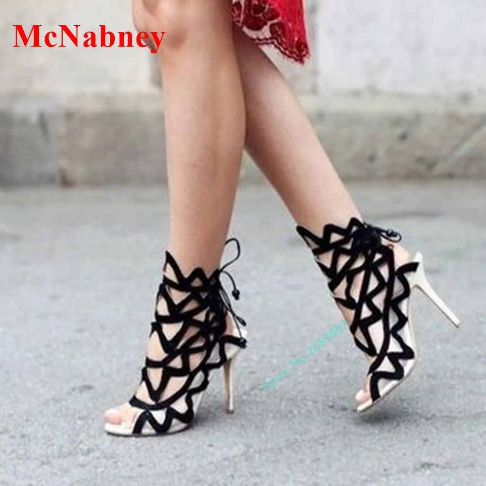 

Sexy Hollow Open Toe Lace Up Sandals Summer Shoes Thin High Heel Solid Black Ankle Sandals Party Dress Women Shoes Designer New