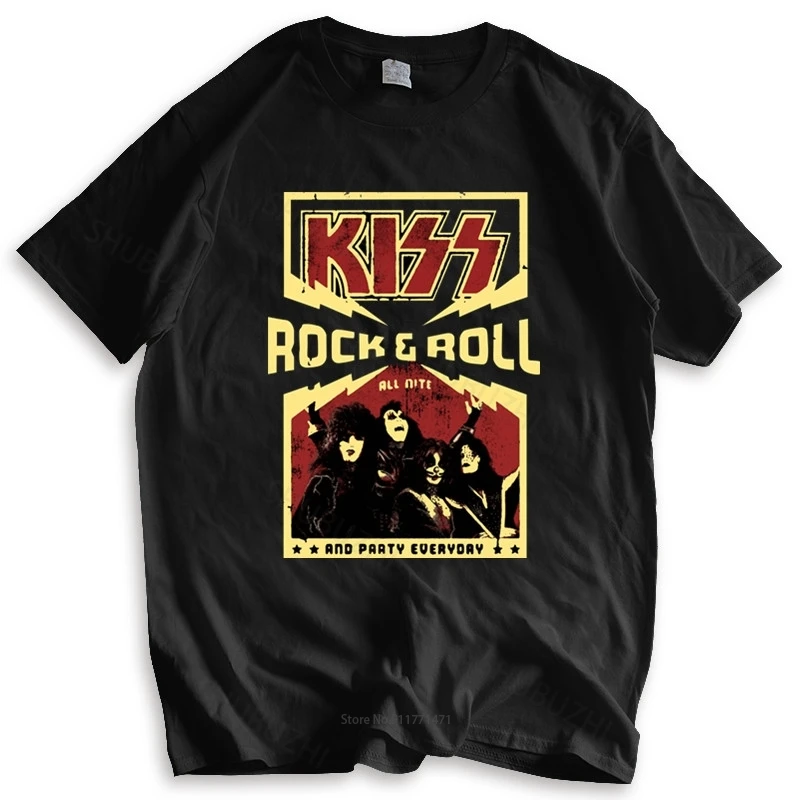

New t shirt black tops for men KISS Rock & Roll All Nite Party Everyday Black T-Shirt Band Merch summer teeshirt plus size
