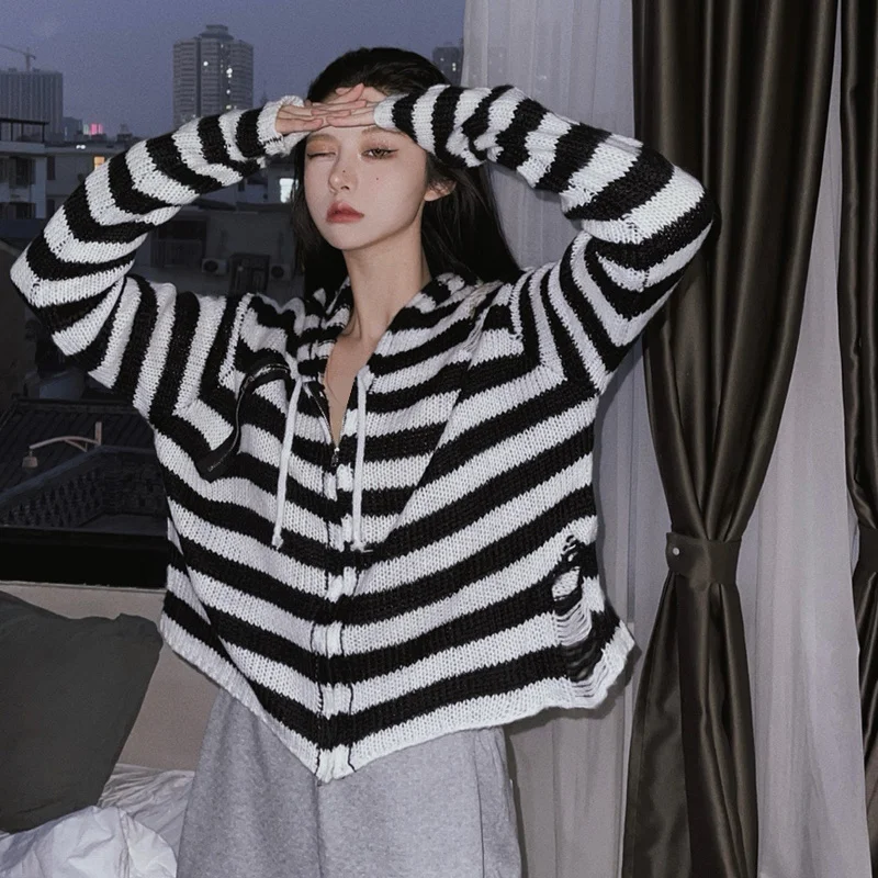 

Black White Striped Knitted Sweater Coat Women's 2022 New Design Hooded Cardigan Spring Loose Jacket