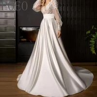 poeo noble wedding dresses appliques long sleeve v neck backless zipper floor length court train exquisite prom dress bride