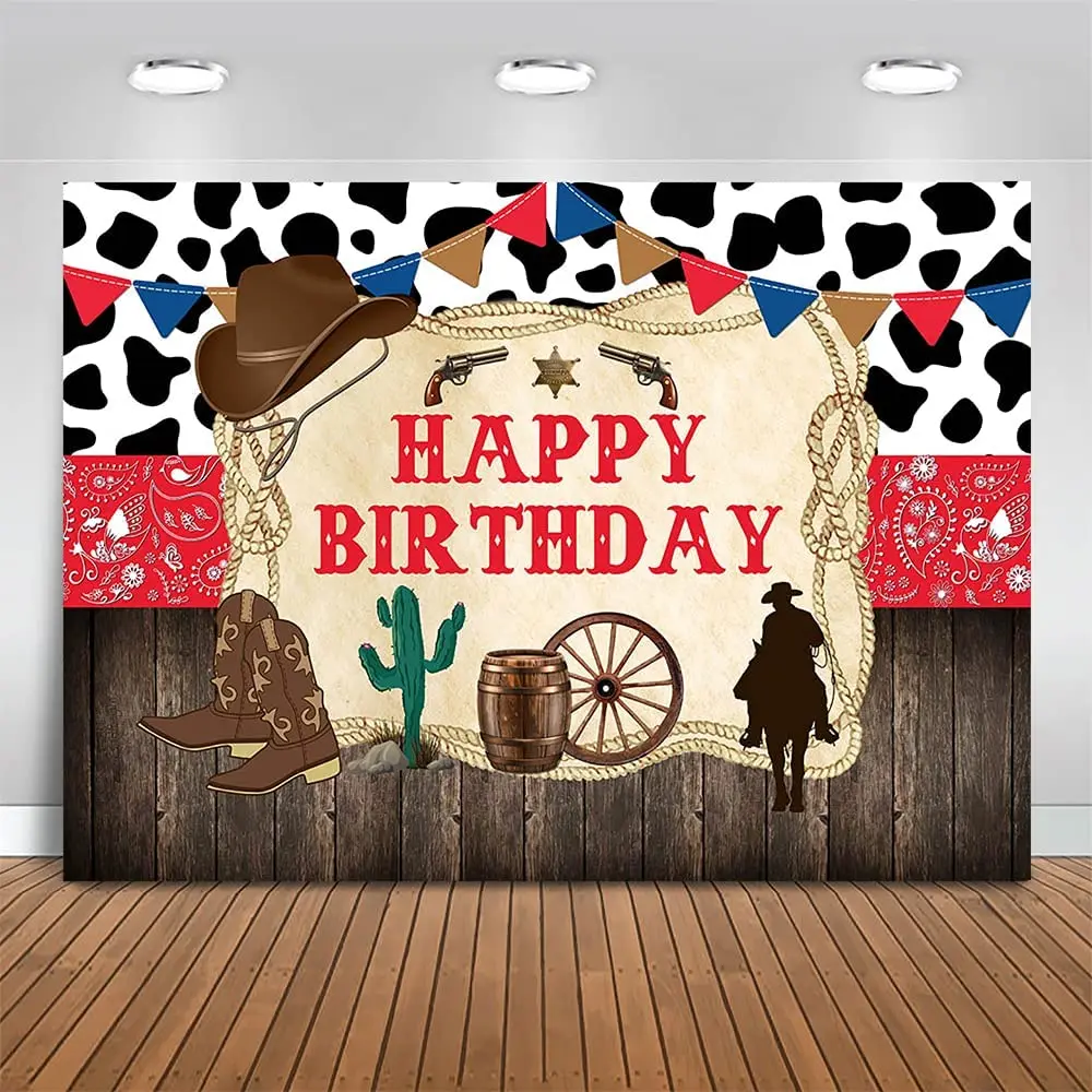 

Western Cowboy Happy Birthday Backdrop Old West Rodeo Cowboy Background Red Bandana and Rustic Wood Kids Party Decor Banner Prop