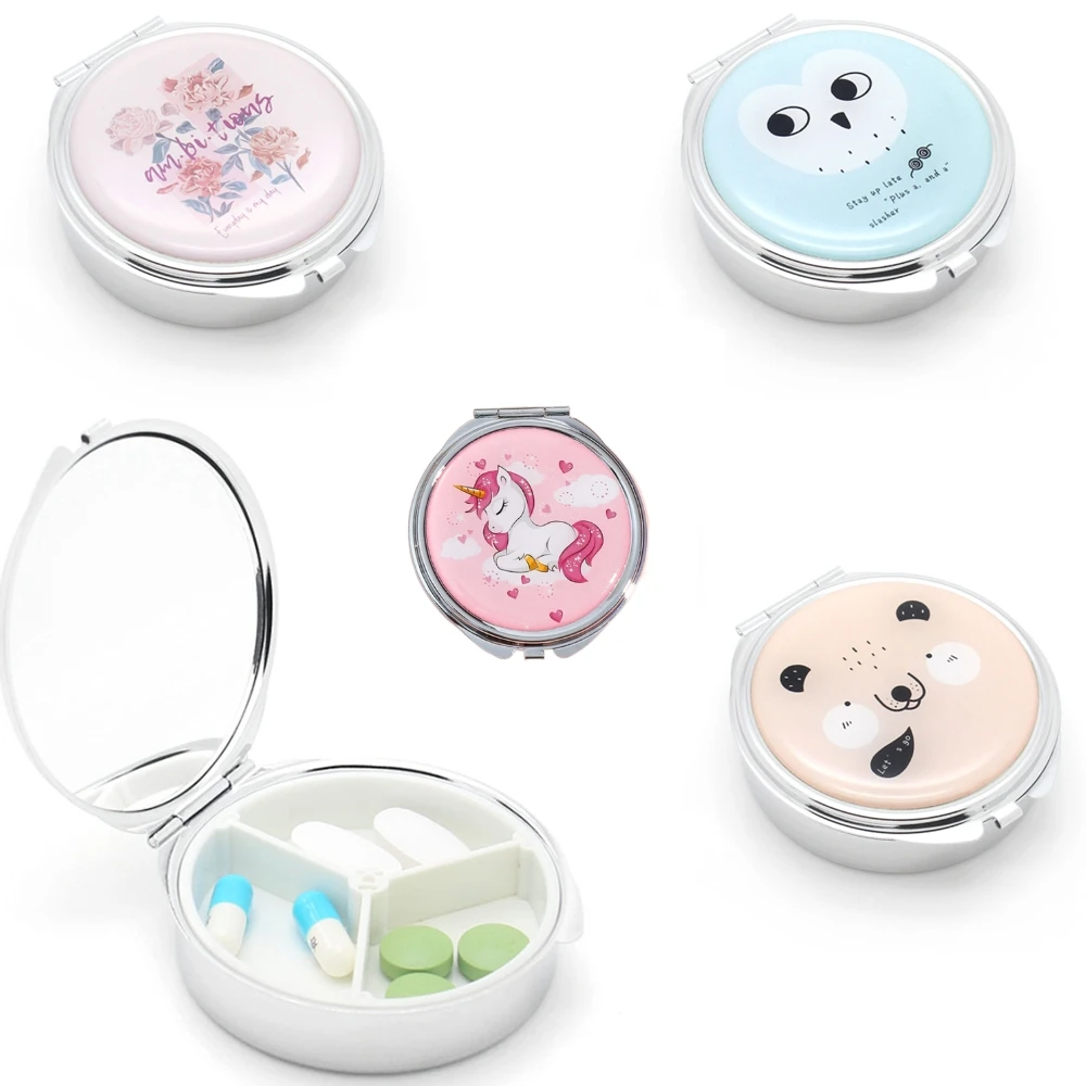 Portable Cute Travel Pill Box with Mirror Metal Round 7 Days Weekly Medicine Pill Container Case Jewelry Necklace Ring Organizer