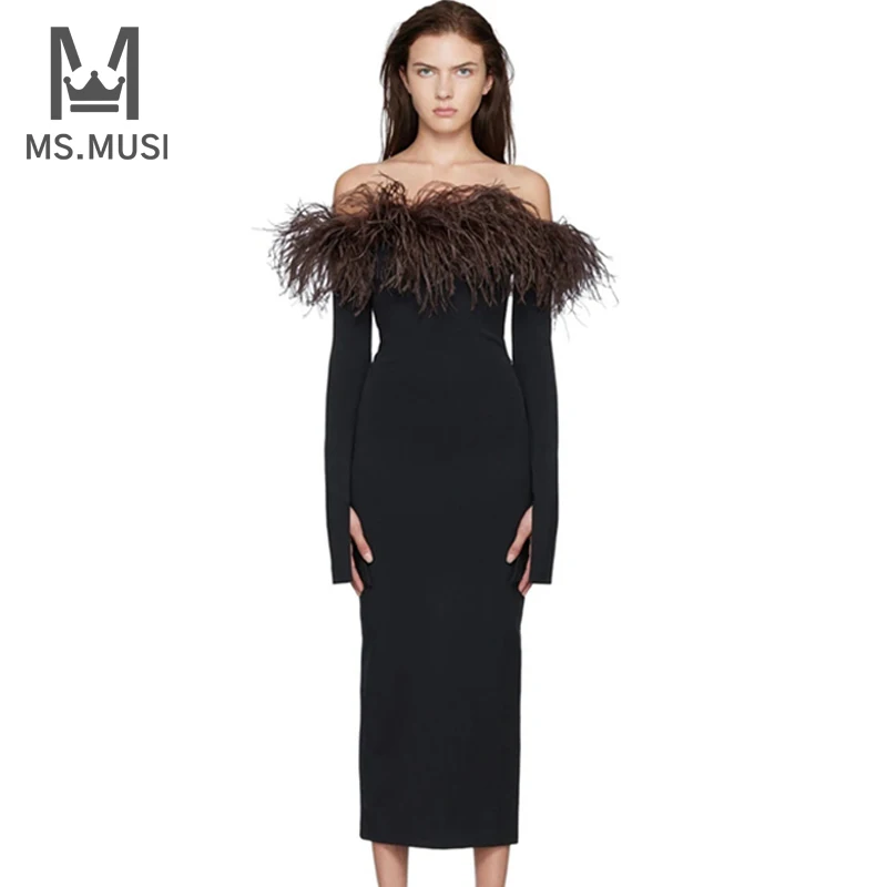 MSMUSI 2023 New Fashion Women Sexy Off The Shoulder Feather Long Sleeve Backless Bandage Party Club Bodycon Event Midi Dress