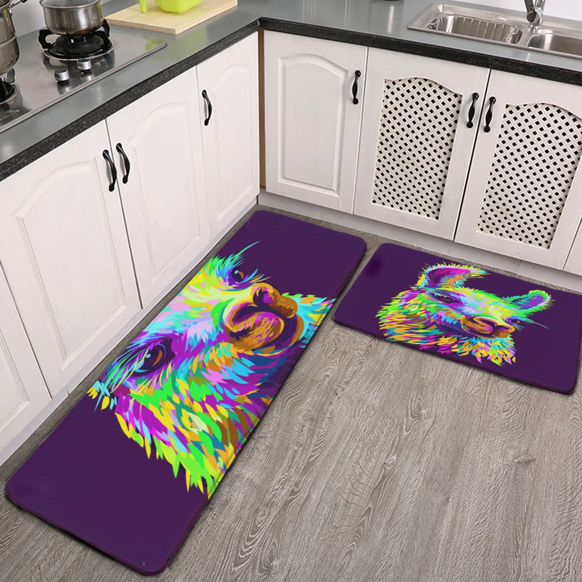 

Kitchen Rug Set of 2 Non Skid Multicolor Alpaca Llama Head Animal Purple Machine Washable Kitchen Rugs Mats Set Kitchen Runner M