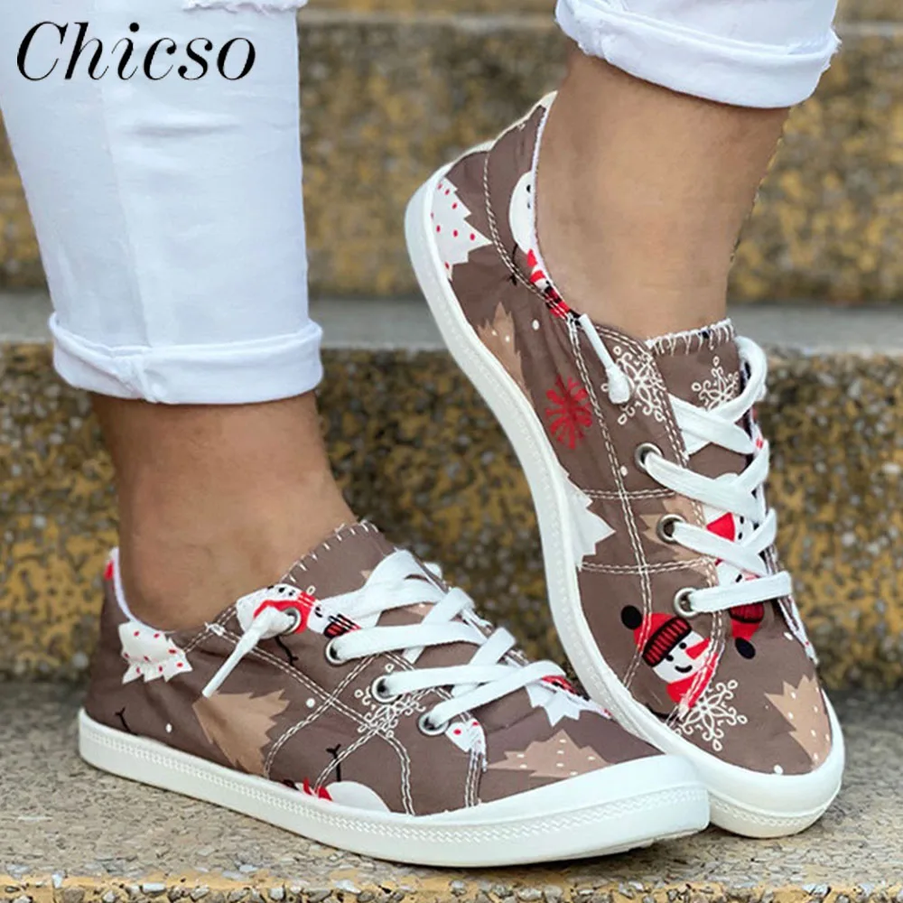 

Casual Shoes Women 2022 Christmas Snowman Pattern Large-Sized Flats Canvas Shoes Home Outdoor Walking Running Sport Sneakers