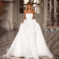 satin wedding dresses white bow backless sweep train bride gowns strapless elegant bridal party dress vestido de novia plus size