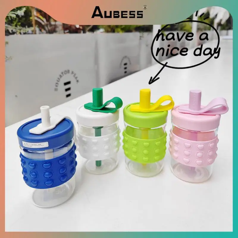 

Fashion Glass Water Cup Cute Anti-scalding Glass Cup With Silicone Sleeve With Silicone Straw Plugs Home Tools 400ml Water Cup