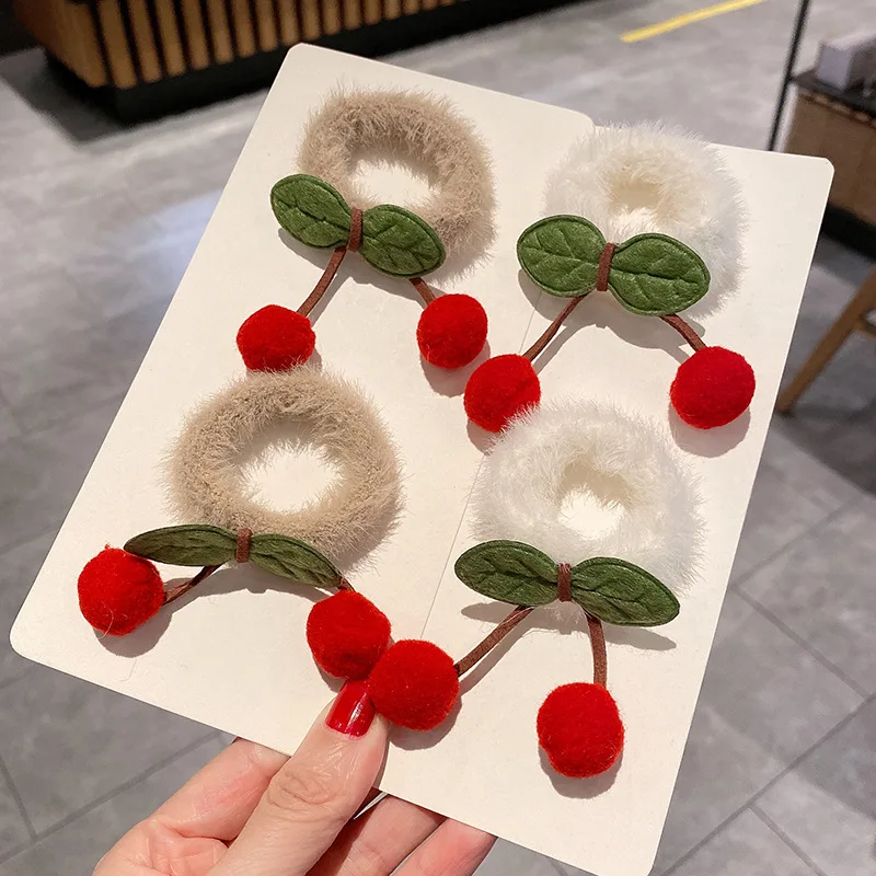 1/2pcs/lot Red Cherry Elastic Hair Rings Girls Plush Hair Ring Cute Sweet Elastic Multi-colored Headwear Korean Hair Accessories