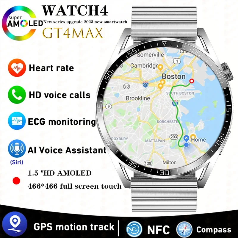 

2023 New GT4 MAX smart watch NFC Voice Assistant 1.5-inch HD screen Heart rate Blood pressure GPS IP68 waterproof watch for men