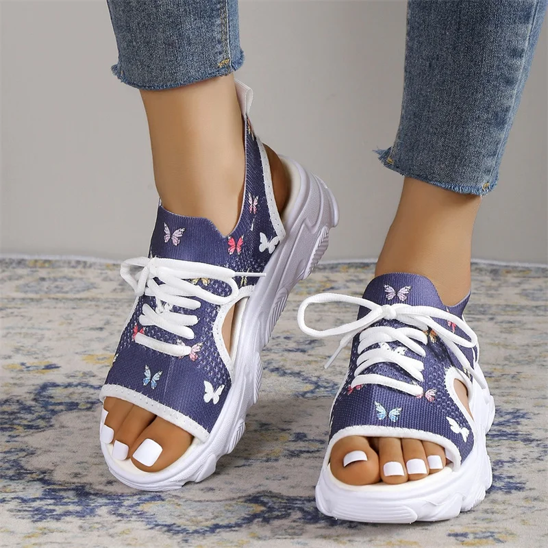 2023 New Summer Women Sandals Mesh Casual Shoes White Thick-Soled Lace-Up Sandalias Open Toe Beach Shoes for Women