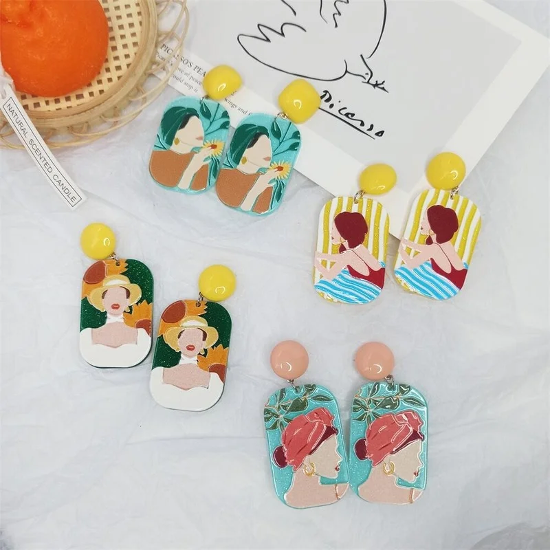 

Элегантные милые граффити картина соломенная шляпа акриловые серьги для женщин девушек серьги оптовая продажа серьги для женщин