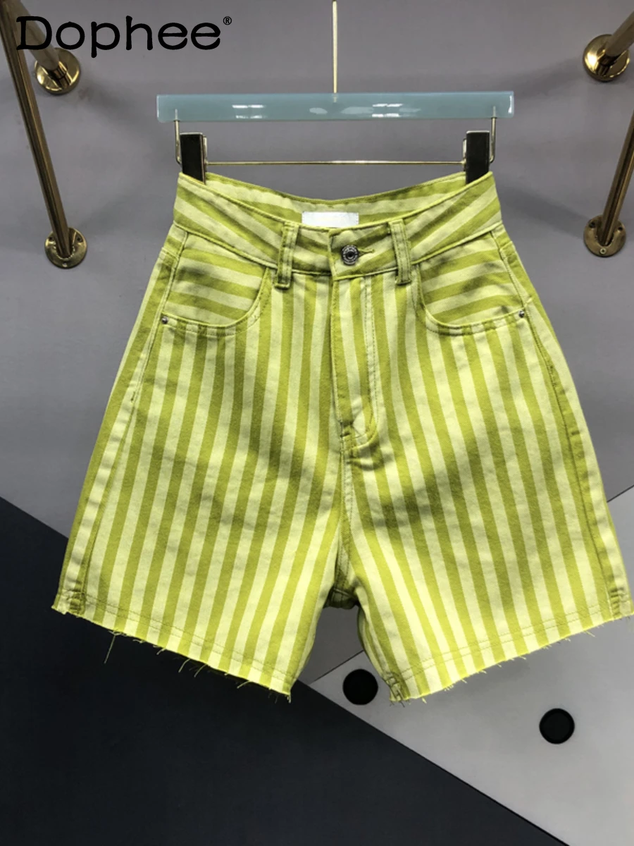 

Green Striped Fifth Jeans Women 2022 New Summer Shorts Women High Waist Loose Slimming Straight Wide Leg Short Pants Pantalones
