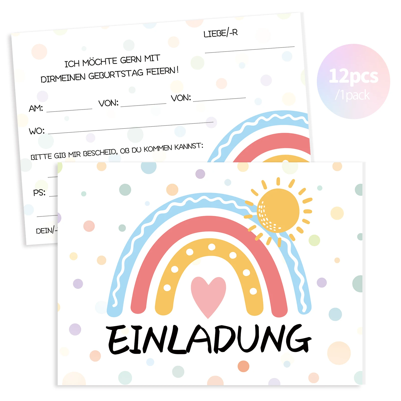 

12pcs Pastel Color Rainbow Print German Greeting Party DIY Christmas Girls Boys Birthday Pink Heart Invitation Card Graduation