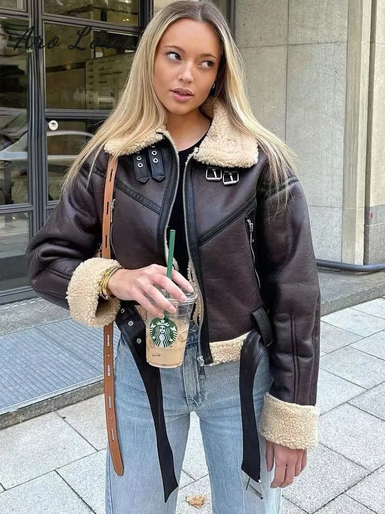 2022 Woman Fashion Thick Warm Faux Shearling Jacket Coat Vintage Leather Motorcycle Suit Long Sleeve Belt Hem Female Outerwear