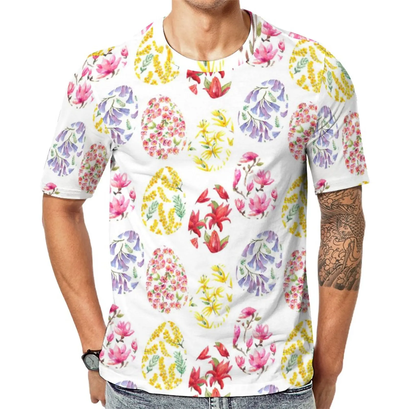 

Футболка в стиле хиппи с принтом цветов и яиц