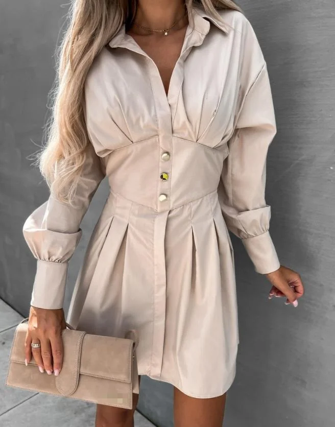 

Элегантные женские платья 2022, летнее платье-рубашка с длинным рукавом и отложным воротником