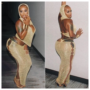 Solid Hollow Out Two Piece Skirt Set Women Sexy Backless Sleeveless Hooded Shiny Crop Tops+Side Slit Stunning Skirts Club Suits 1