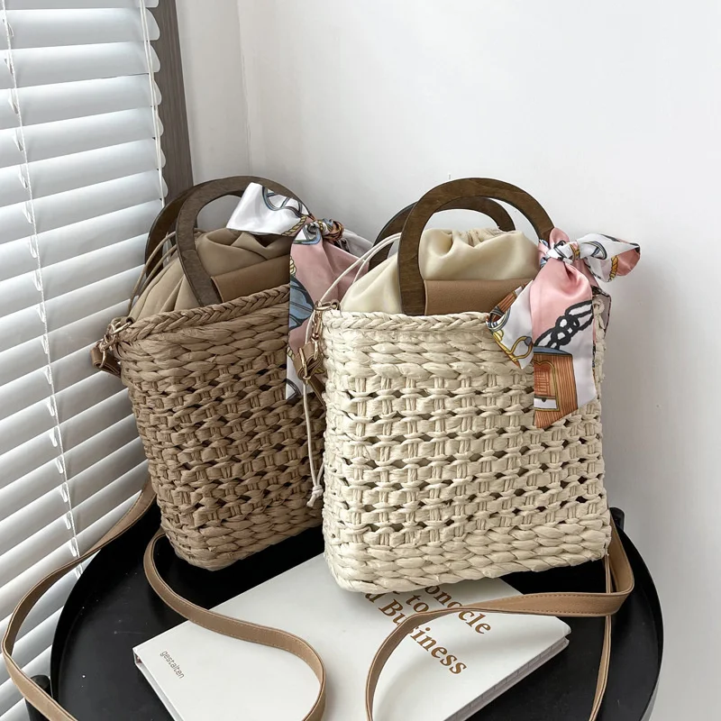 

Плетеная Сумка через плечо из ротанга для женщин, большая летняя дамская сумочка-тоут через плечо с кулиской, пляжный мессенджер