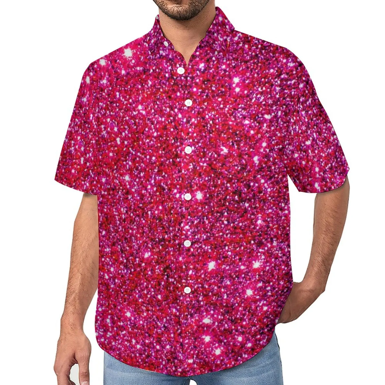 

Cute Sparkly Pink Blouses Male Glittery Sparkle Print Casual Shirts Summer Short Sleeves Custom Novelty Oversized Beach Shirt