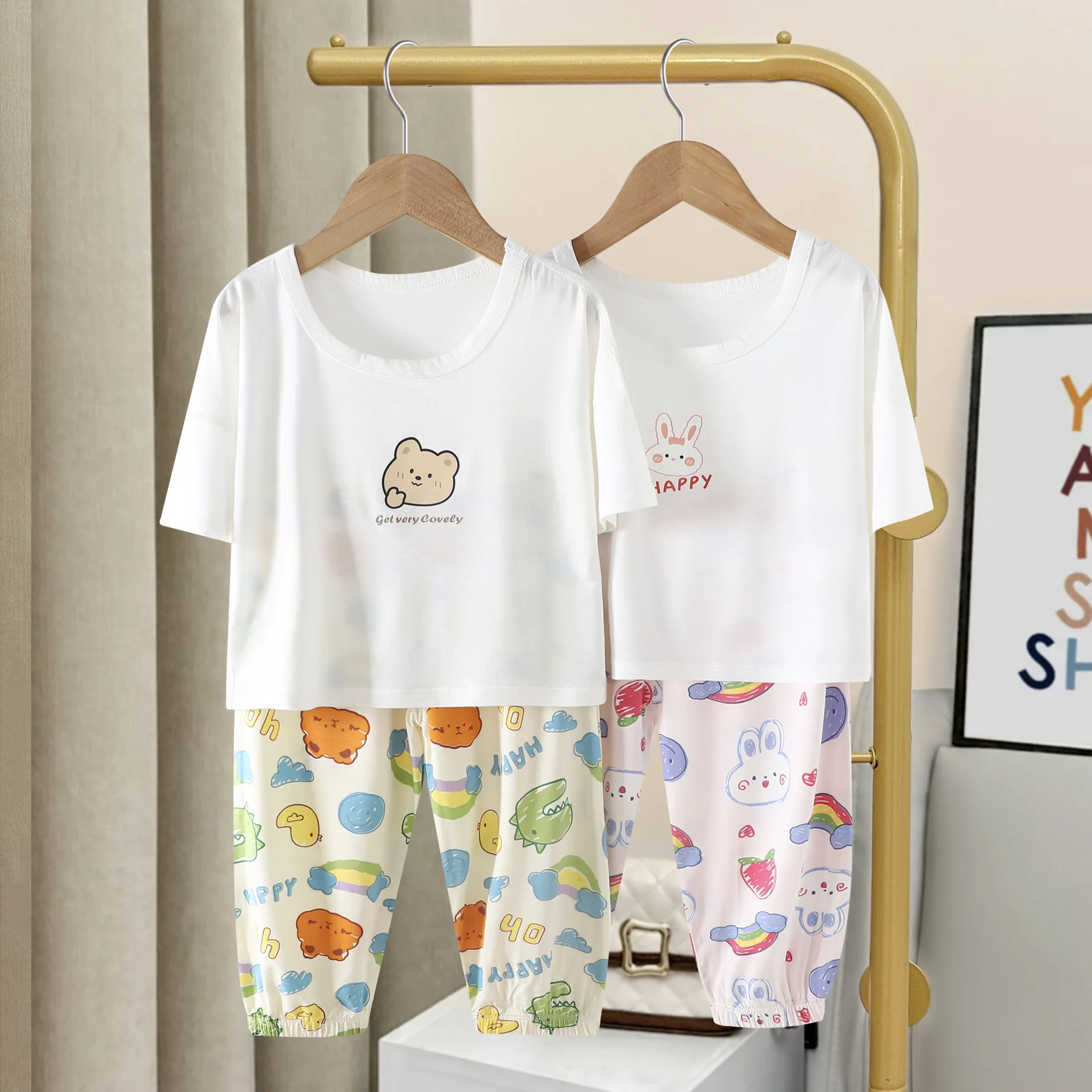 

Girls short sleeved t-shirt suit Summer baby clothes Korea new fashionable Pajamas children's modal sleepwear kleding meisje