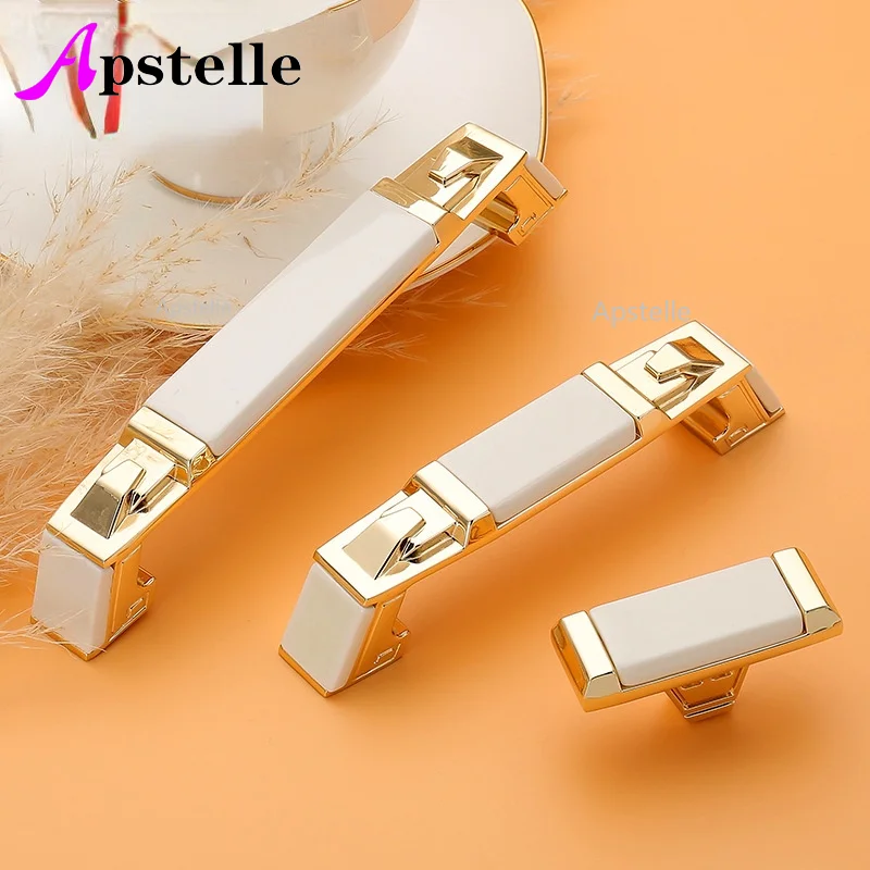 

APSTELLE Nordic Ceramics Drawer Handles White Gold Cabinet Handles Light Luxury Kitchen Door Handles Wall Decoration Hardware
