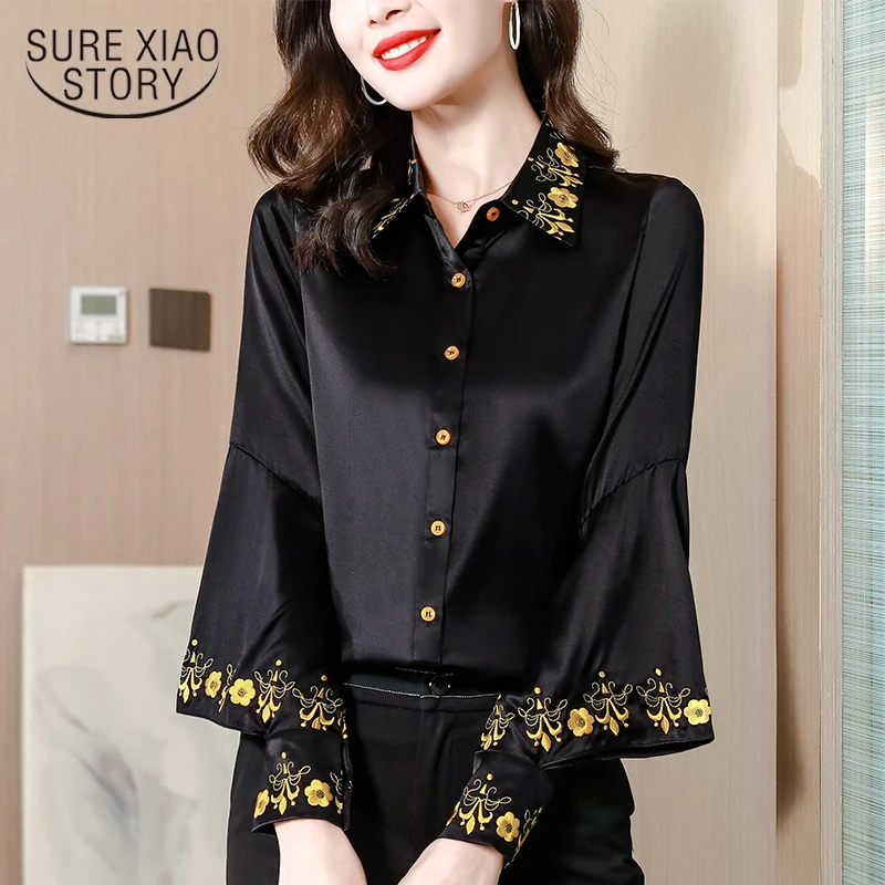 

New Puff Sleeve Floral Embroidered Women Blouse Satin Silk Shirt Women's Fashion Tops Buttons Chic Female Clothing Blusas 22261