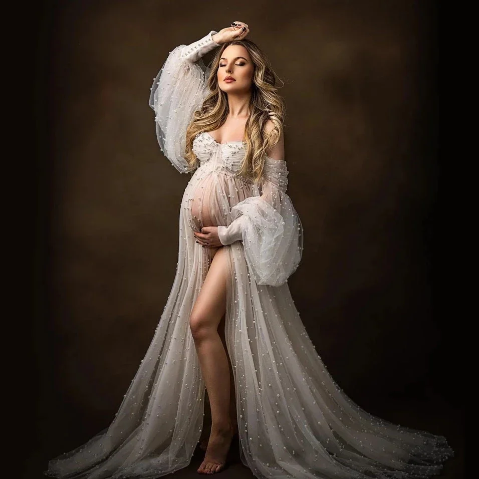 

Pearls Tulle Pregnancy Dress High Slit Puff Off Shoulder For Pregnant Photo Shoot Maternity Gown Woman Robe Prop