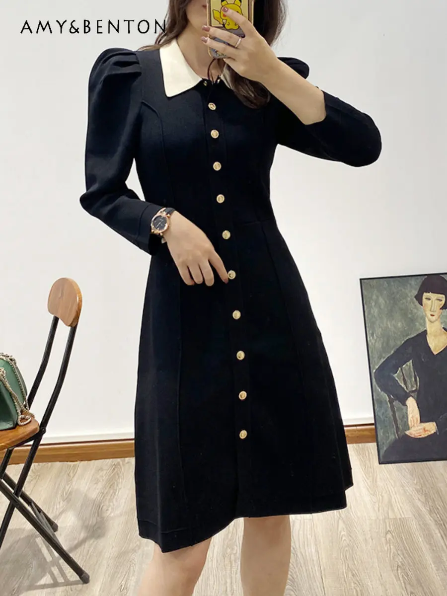 

Hepburn Style Black Slimming Puff Sleeve Knitted Dress Light Luxury Large Lapel Autumn A-line Mid-length Dress for Women