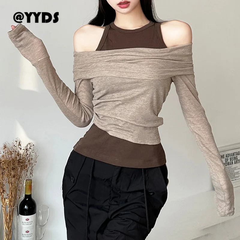 

Khaki Beige Solid Sleeveless Tank Top Long Sleeve One Line Neck Design with Unique Off Shoulder T-shirt Set for Women Clothes