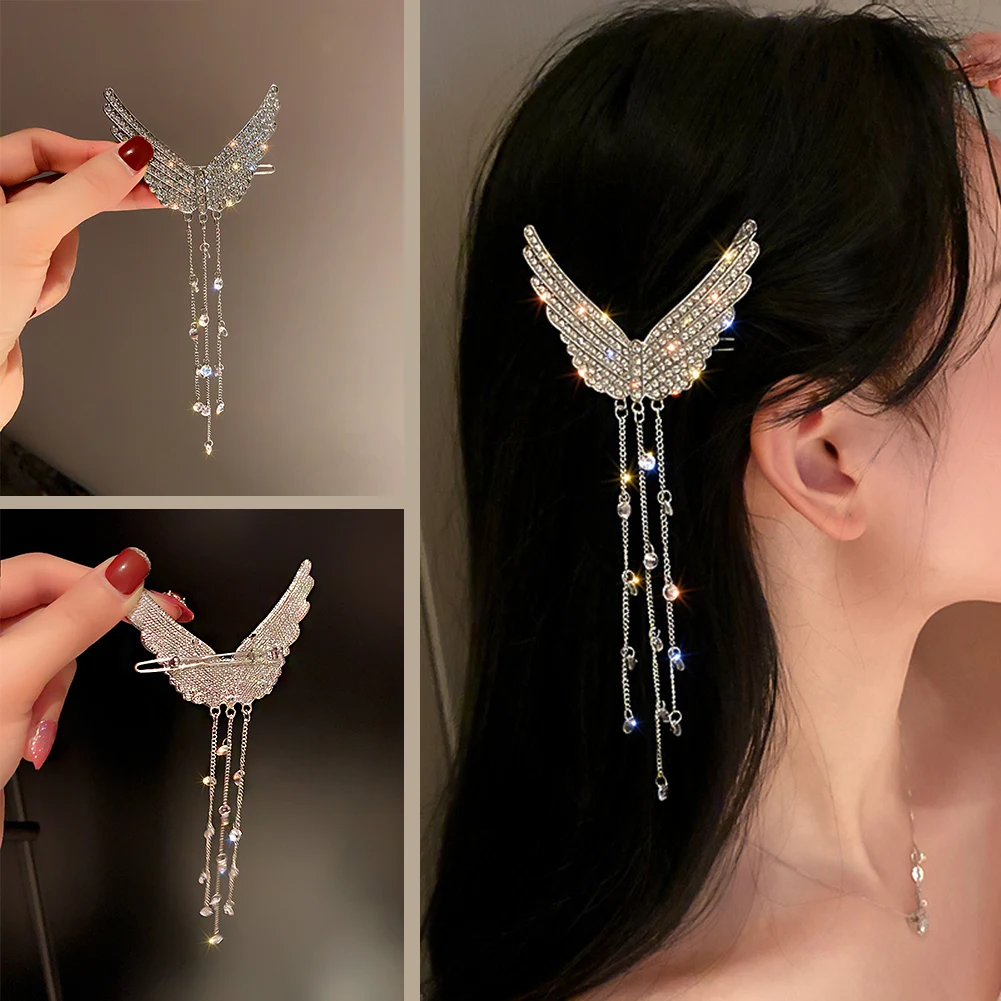 

Hot Korea Diamond Hairpins Women Elegant Tassel Wing Hair Clips Girls Luxury Shining Crystal Barrettes Hair Styling Accessories