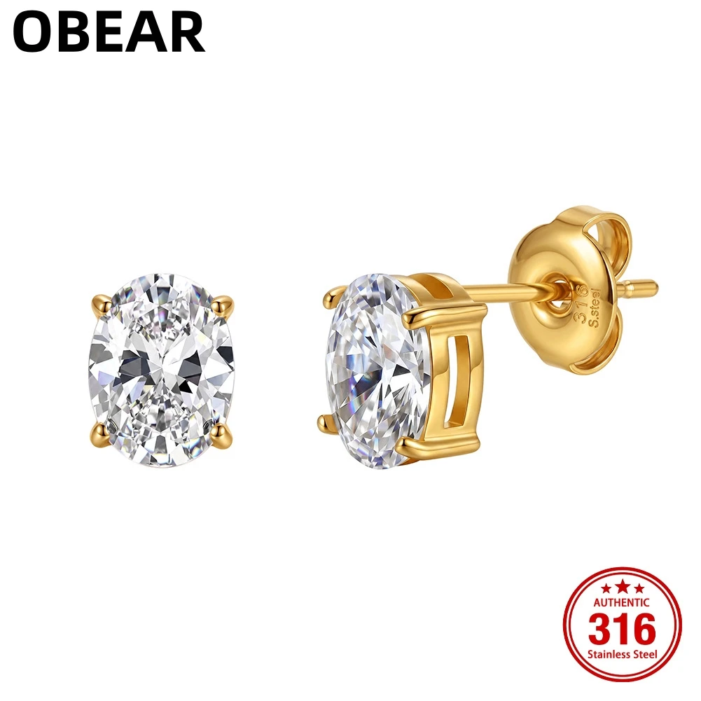 Фото Серьги-гвоздики из нержавеющей стали 316 с позолотой 18K и овальными кубическими циркониями для женщин, прозрачные цирконы 5А, минималистичные украшения, подарок №5