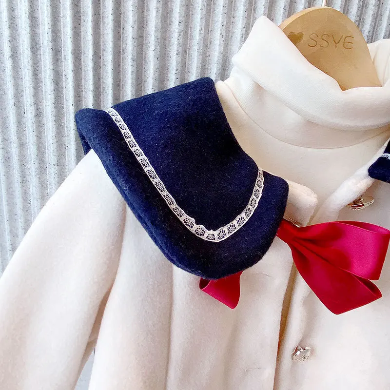 Пальто для девочек зимнее теплое шерстяное однобортное пальто с бантом модная